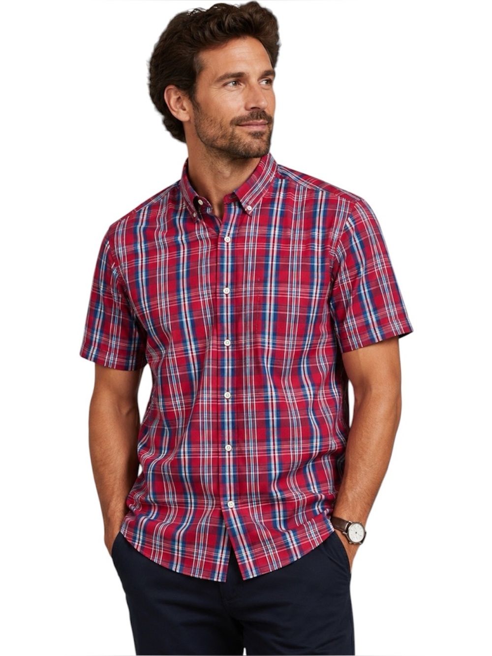 George Plaid Button-Up Shirt Red Short Sleeve Casual Mens 3XLT Office Dadcore